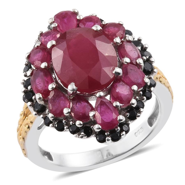 8.75 Ct African Ruby and Boi Ploi Black Spinel Halo Design Ring in Platinum and Gold Plated Silver