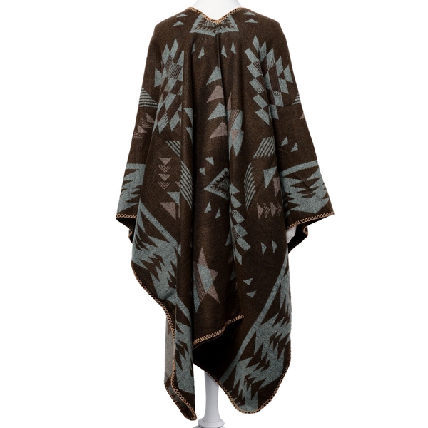 Designer Inspired Chocolate, Green and Pink Colour Geometric Pattern Over-Sized Poncho (Size 135x75 Cm)