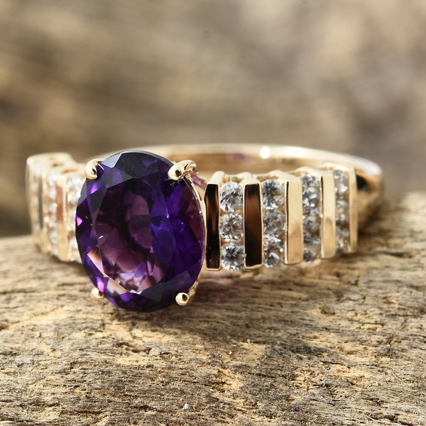 Limited Edition- 9K Yellow Gold AAA Moroccan Amethyst (Rare Size Ovl 11x9 mm 3.50 Ct), Natural Cambodian Zircon Ring 4.500 Ct.