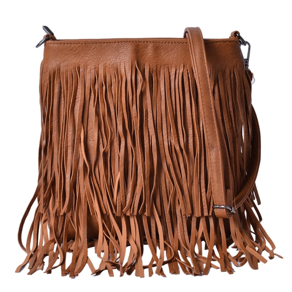 Chocolate Colour Crossbody Bag with Tassels and Adjustable and Removable Shoulder Strap (Size 26x24.