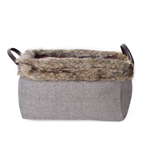 Set of 2 - 70% Cotton Dark Grey Colour Multi Purpose Faux Fur Basket with Faux Leather Handles (Size Small 36X26X20 Cm and Large 40X30X22 Cm)