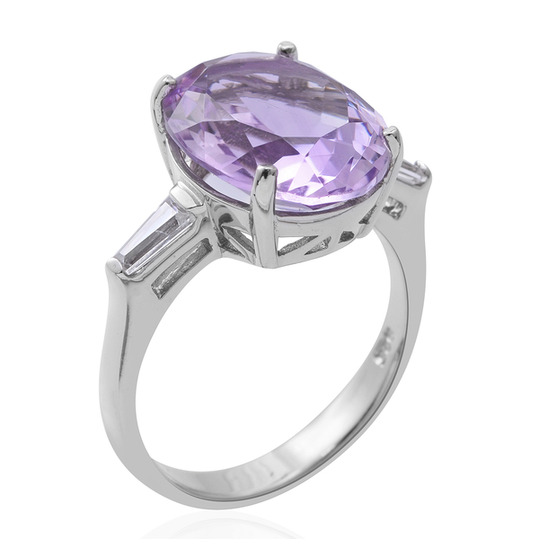 Rose De France Amethyst (Ovl 8.13 Ct), Natural White Cambodian Zircon Ring in Rhodium Plated Sterling Silver 8.630 Ct.