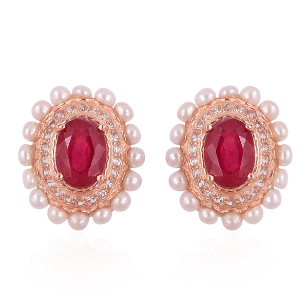 5.30 Ct African Ruby, Freshwater Pearl and Natural White Cambodian Zircon Stud Earrings in Rose Gold