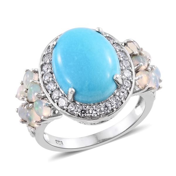 10.50 Ct Sleeping Beauty Turquoise and Multi Gemstone Halo Ring in Platinum Plated Silver