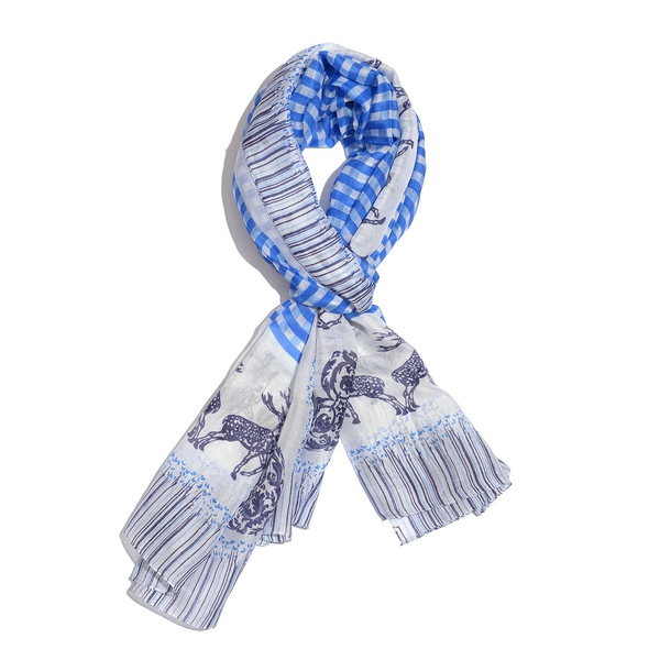 Last Chance - 100% Mulberry Silk Blue and White Colour Deer Pattern Scarf (Size 180x100 Cm)