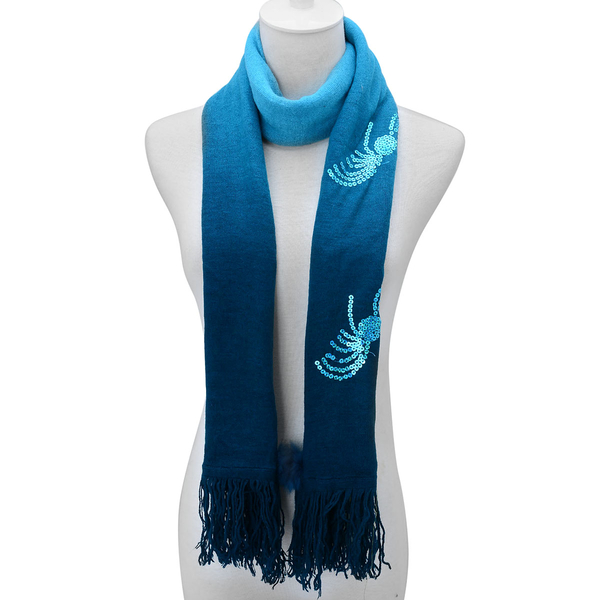 Light and Dark Blue Colour Scarf with Sequin and Fur (Size 170x70 Cm)