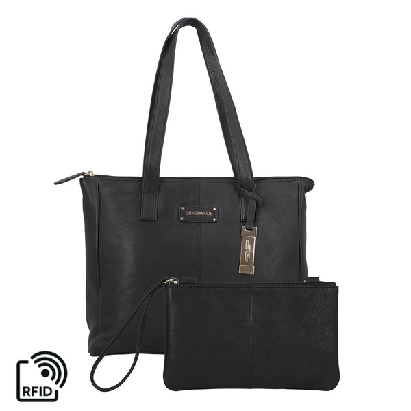 Union Code Genuine Leather Black Tote Bag and RFID Wrislet with Zipper Closure