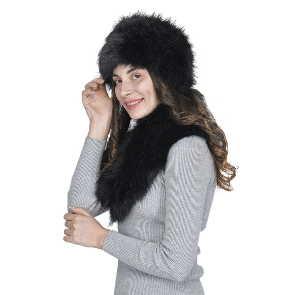 2 Piece Set - Faux Fur Hat (Size 58x12Cm) and Scarf (Size 89x15Cm) - Black