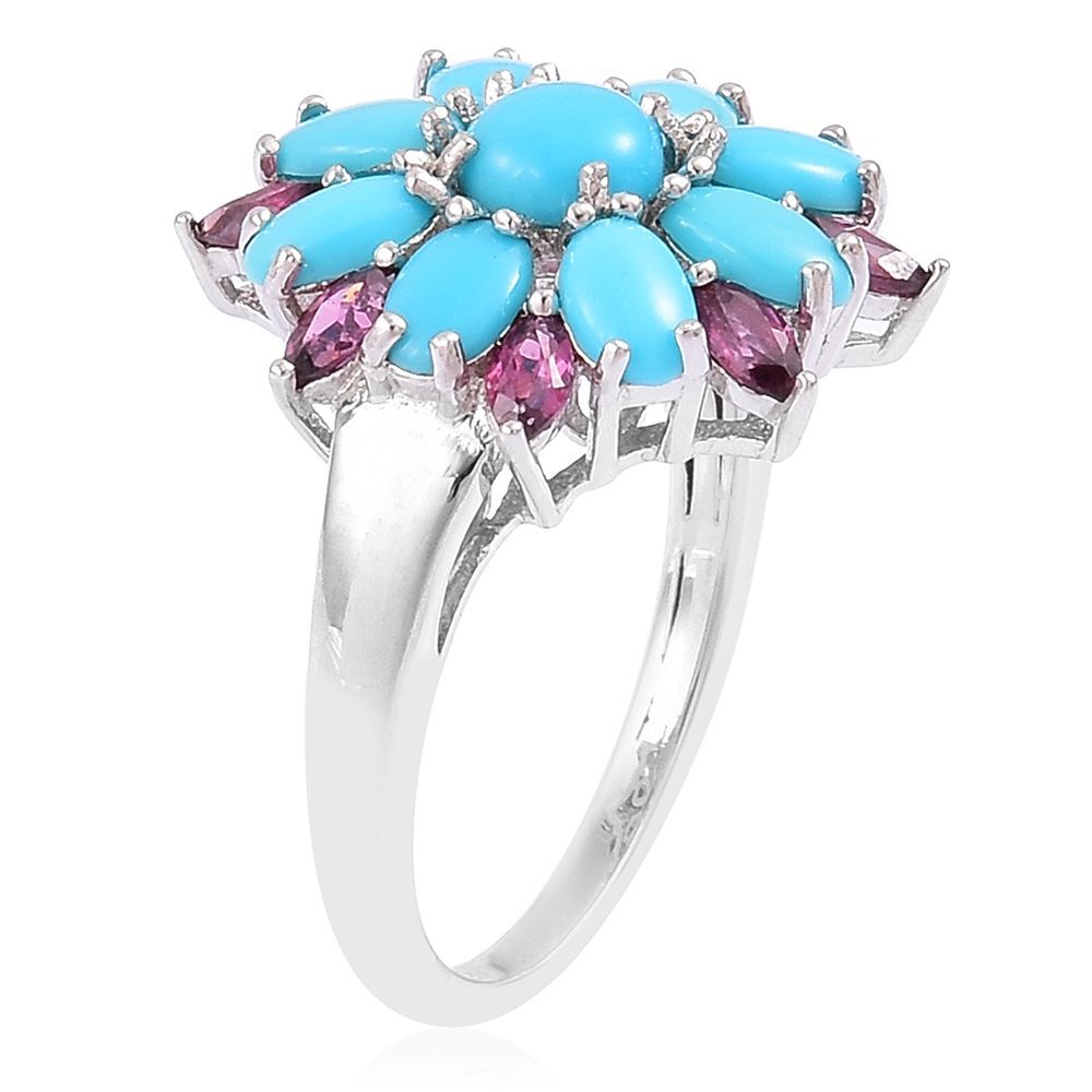 Arizona Sleeping Beauty Turquoise (Rnd), Rhodolite Garnet Floral Ring in Rhodium Plated Sterling Silver 2.450 Ct.