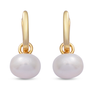 White Freshwater Pearl Drop Earrings in Yellow Gold Overlay Sterling Silver