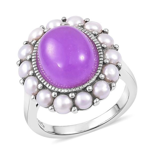 Designer Inspired-Purple Jade (Ovl 6.25 Ct), Fresh Water Pearl Floral Ring in Rhodium Plated Sterlin