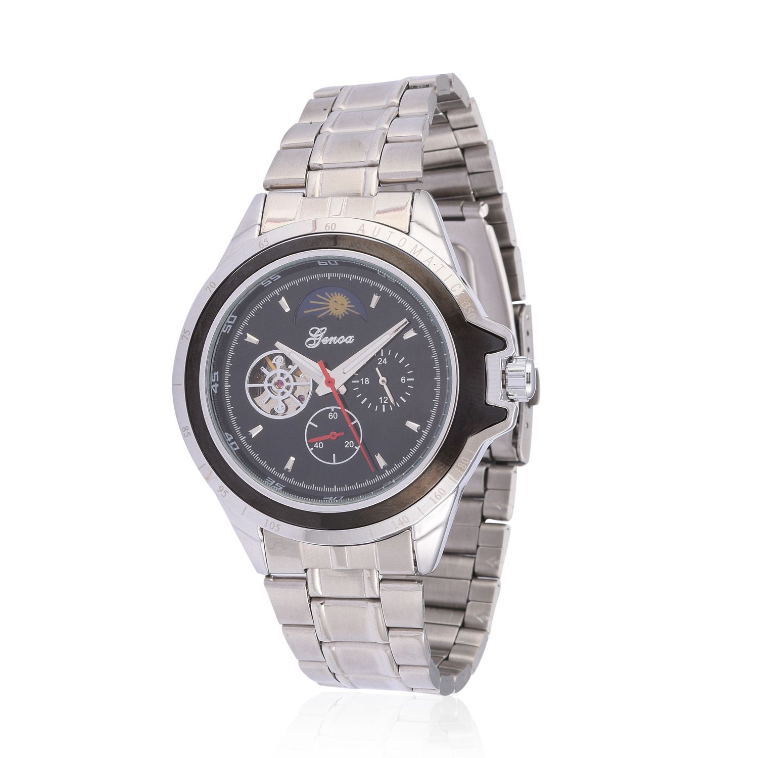 GENOA Automatic Skeleton Black Dial Water Resistant Watch in ION Plated Silver with Stainless Steel 