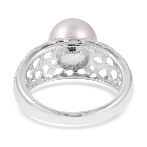 RACHEL GALLEY Very Rare White South Sea Pearl (Rnd 10 mm) Lattice Ring in Rhodium Overlay Sterling Silver