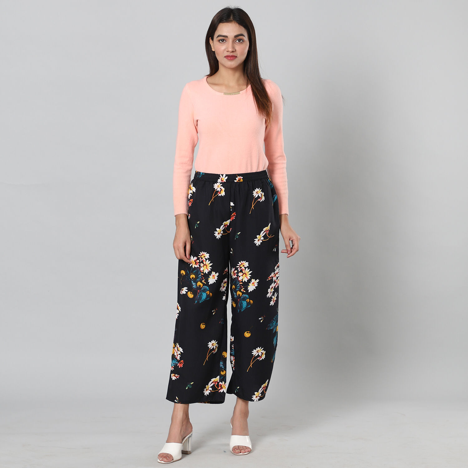 Multi Colour Floral Printed Black Trousers (Size XXL, 22-26)
