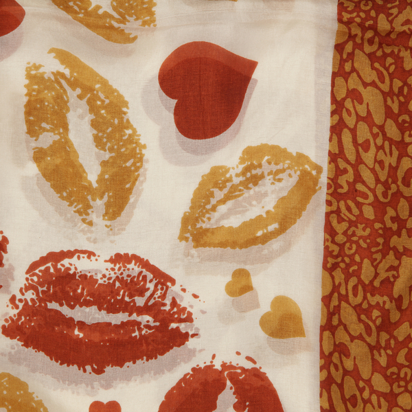 100% Mulberry Silk Burnt Orange and Multi Colour Lips Pattern Scarf (Size 180x100 Cm)