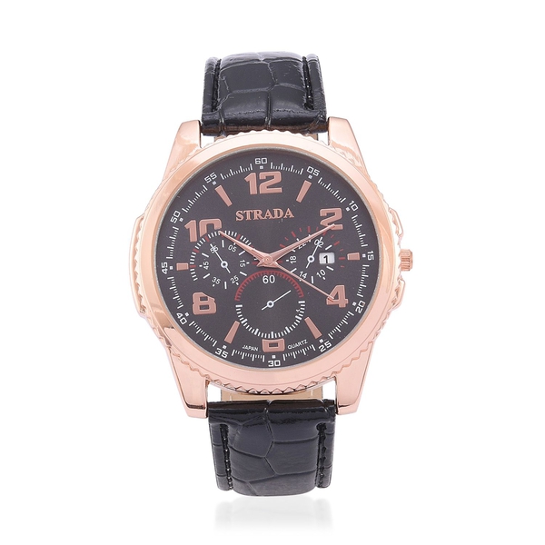 STRADA Japanese Movement Chronograph Look Black Dial Water Resistant Watch in Rose Gold Tone with St