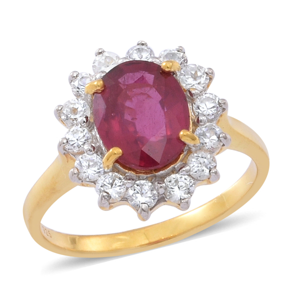 African Ruby (Ovl 3.75 Ct), Natural Cambodian White Zircon Ring in 14K Gold Overlay Sterling Silver 