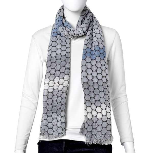 Designer Inspired-White, Grey and Multi Colour Honeycomb Pattern Scarf with Fringes (Size 180X90 Cm)