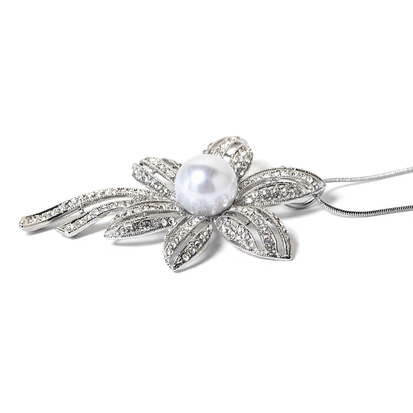 Simulated Pearl (Rnd), White Austrian Crystal Flower Pendant with Chain (Size 29 and 2.5 inch Extender) in Silver Tone