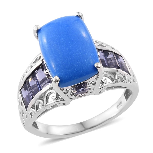 6.93 Ct Ceruleite and Iolite Classic Ring in Platinum Plated Silver 5.37 Grams