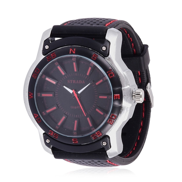STRADA Japanese Movement Black and Red Dial Water Resistant Watch in Silver Tone with Stainless Back