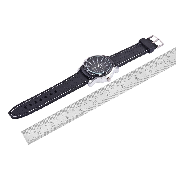 STRADA Japanese Movement Black and White Dial Water Resistant Watch in Silver Tone with Stainless Back and Black Silicone Strap