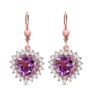 Rose De France Amethyst and Natural Cambodian Zircon Heart Earrings ( With Clasp) in Rose Gold Overl
