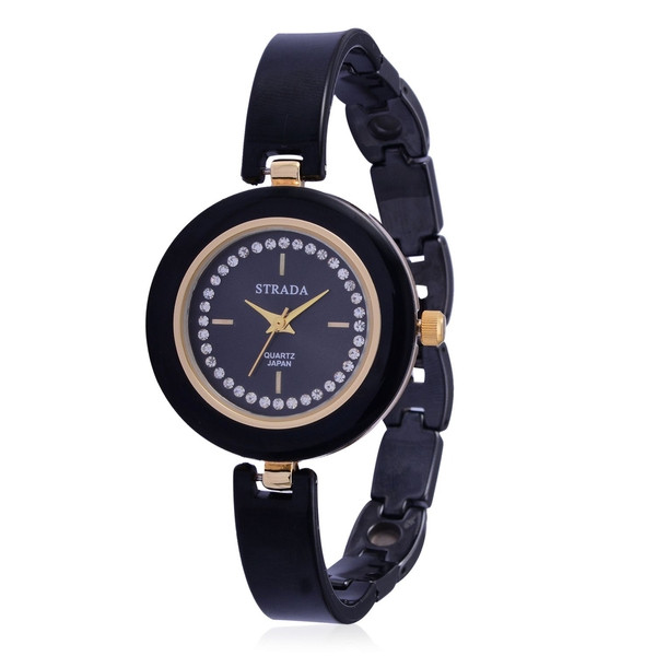 STRADA Japanese Movement Black Dial with White Austrian Crystal Water Resistant Watch in Gold Tone w