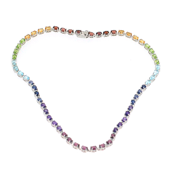 Sky Blue Topaz (Ovl), Garnet, Hebei Peridot, Citrine and Iolite Rainbow Necklace (Size 18) in Sterli