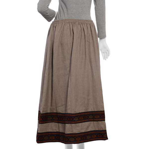Handwoven Traditional Kullu Weave Skirt with Woollen Border Free Size Khaki and Multi Colour