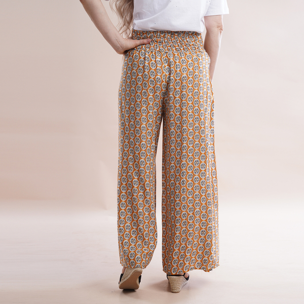 JOVIE Miss Collection 100% Viscose Elastic Band Printed Trousers (Size M/L, 8-16) - Yellow, Black & White