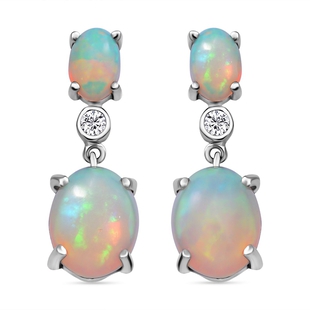 Ethiopian Welo Opal and Moissanite Dangling Earrings (With Push Back) in Platinum Overlay Sterling S