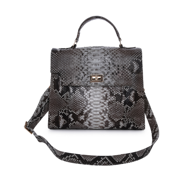 LA MAREY 100% Genuine Python Leather Satchel Bag with Detachable Shoulder Strap (Size 30x25x13cm) - Beige & Multi