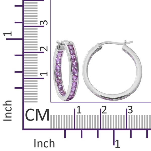 One Time Deal-AAA Pink Sapphire (Rnd) In Out Hoop Earrings (with Clip) in Rhodium Overlay Sterling Silver 3.650 Ct.