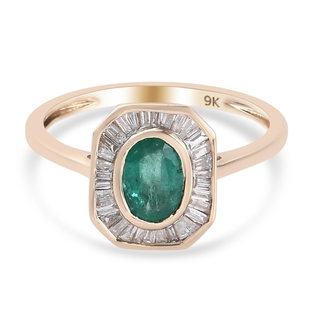 9K Yellow Gold Premium Kagem Zambian Emerald and Diamond Halo Ring 1.00 Ct.