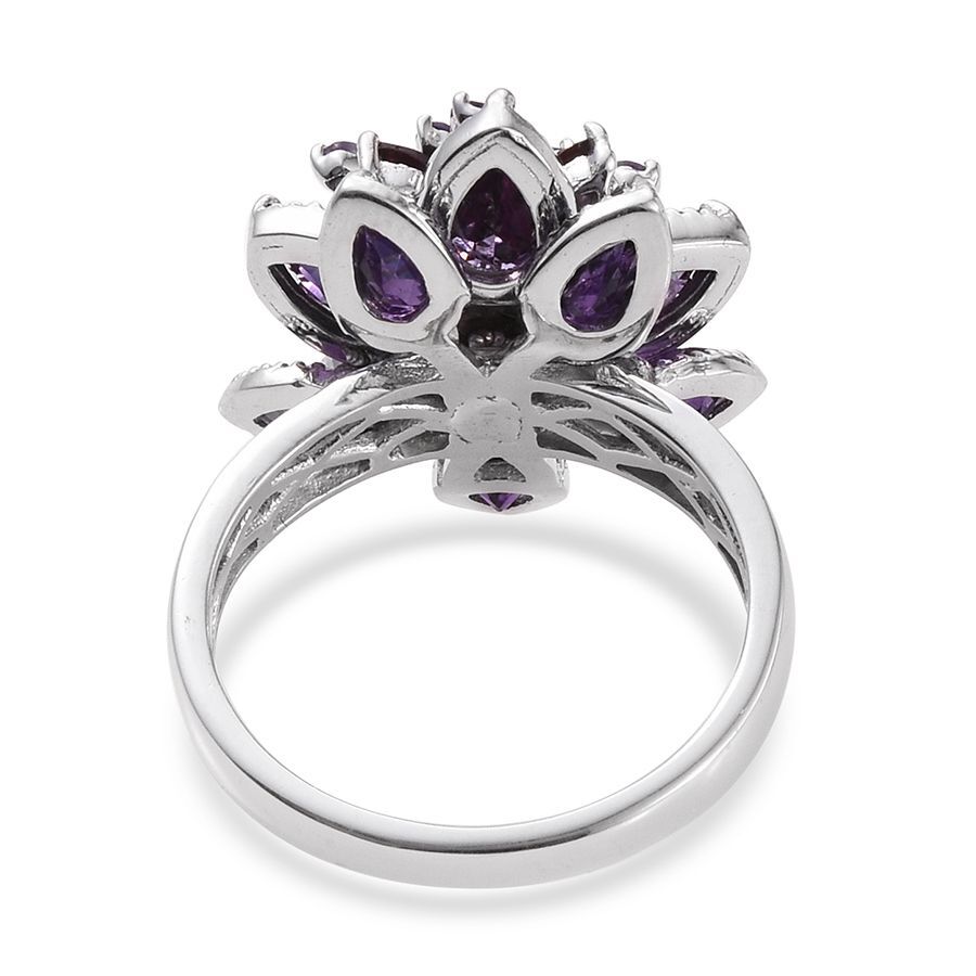 GP Rhodolite Garnet (Rnd 0.75 Ct), Amethyst and Kanchanaburi Blue Sapphire Floral Ring in Platinum Overlay Sterling Silver 7.500 Ct.