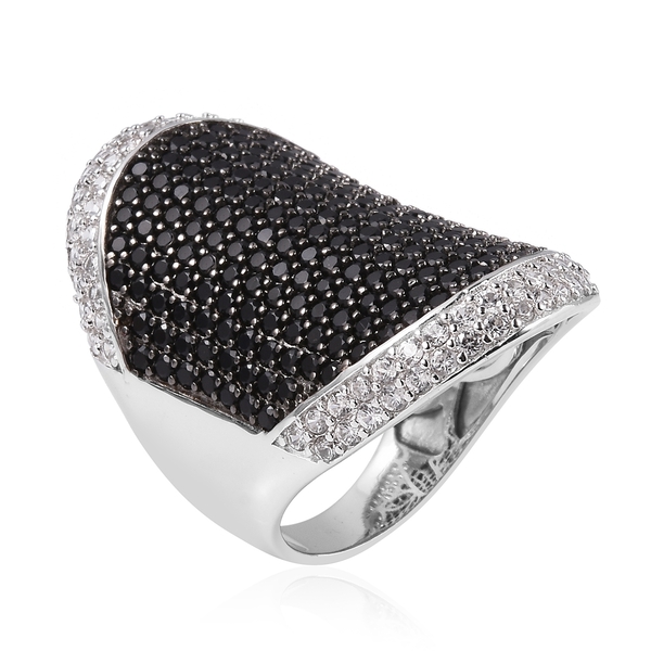 Boi Ploi Black Spinel (Rnd), Natural Cambodian White Zircon Ring in Rhodium Overlay with Black Plating Sterling Silver 4.750 Ct, Silver wt 6.50 Gms.