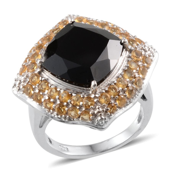 Boi Ploi Black Spinel (Cush 10.50 Ct), Citrine Ring in Platinum Overlay Sterling Silver 12.250 Ct.