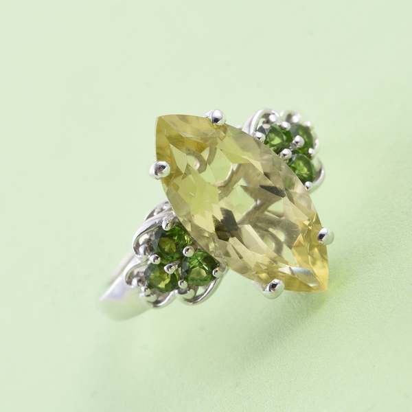 Natural Green Gold Quartz (Mrq 5.20 Ct), Chrome Diopside Ring in Platinum Overlay Sterling Silver 5.750 Ct.