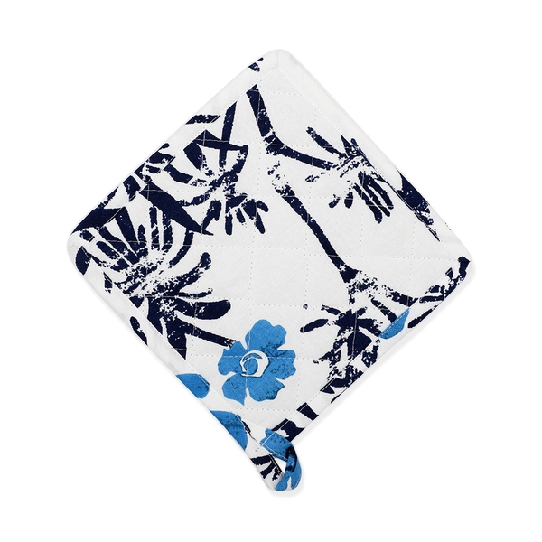 100% Cotton and Floral Print Set of Apron, Glove and Pot Holder (APRON-90X65 CM)- White and Blue