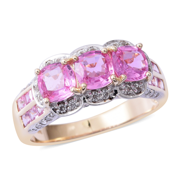 2.7 Ct AAA Pink Sapphire and White Zircon 3 Stone Style Ring in 9K Gold 3.67 Grams