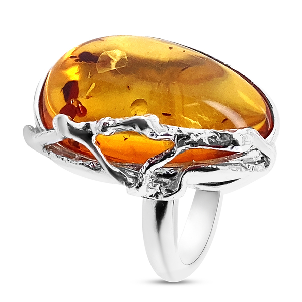 Natural  Baltic Amber (Pear) Adjustable Ring in Sterling Silver