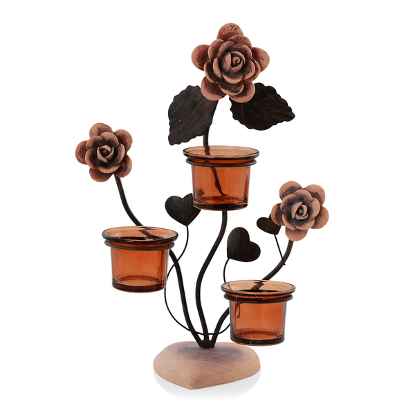 (Option 2) Home Decor - Three Clay Flower Candle Holder with Brown Glass