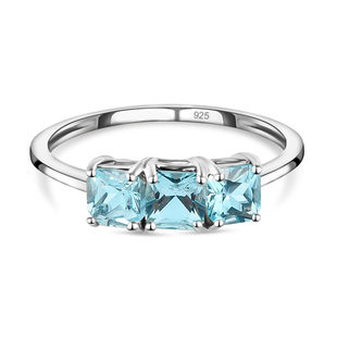 Blue Apatite Trilogy Ring in Platinum Overlay Sterling Silver 1.12 Ct.
