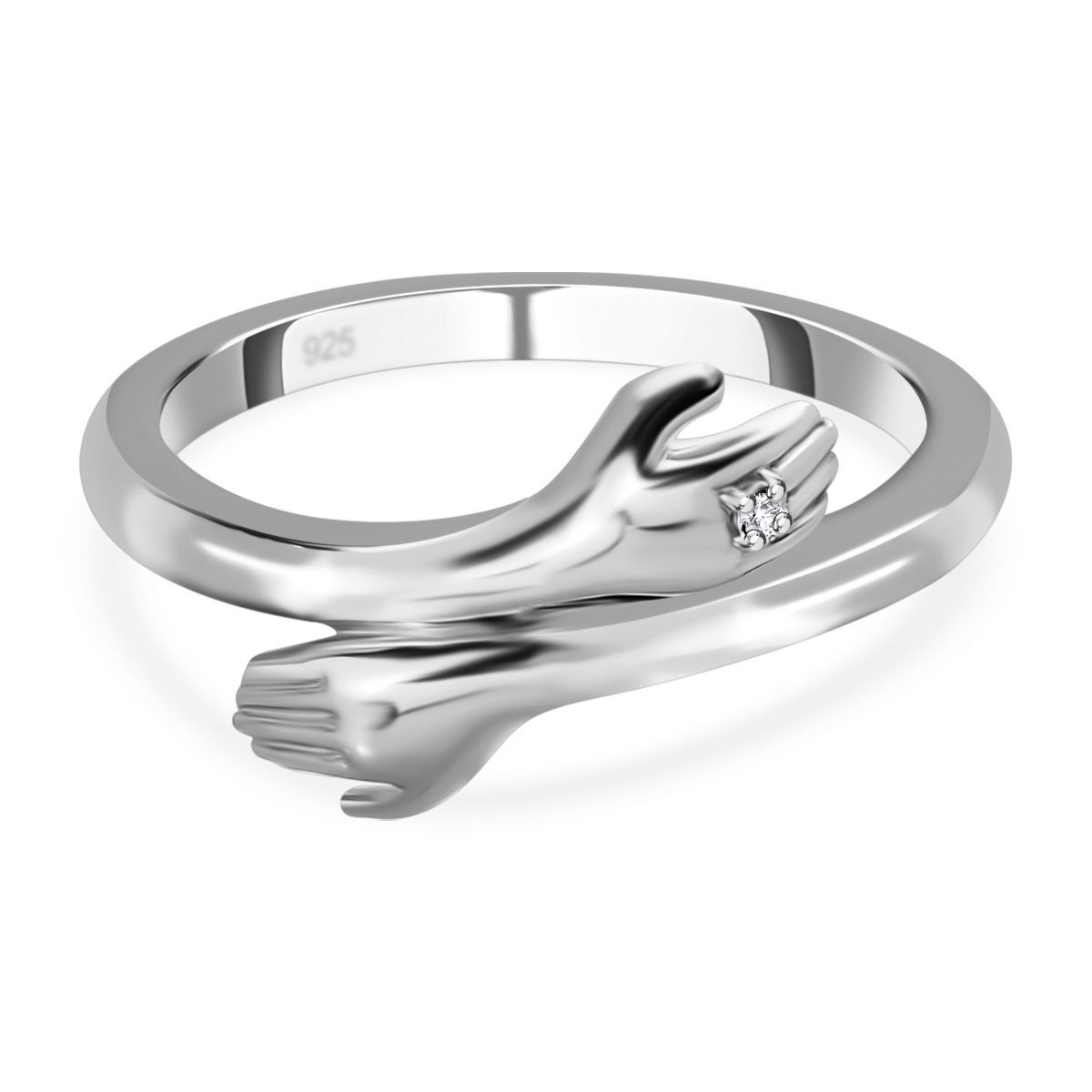 Diamond Hand Bypass Ring in Platinum Overlay Sterling Silver