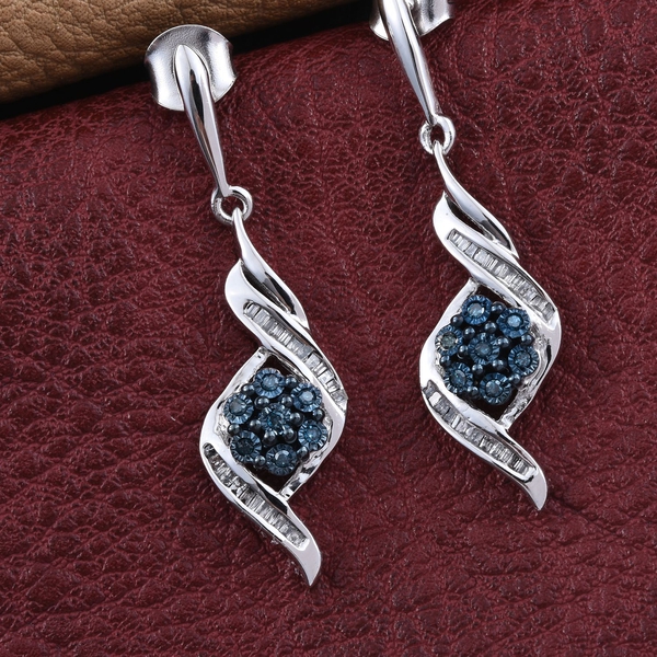 Blue Diamond, White Diamond 0.25 Carat Lever Back Earrings in Platinum Overlay Sterling Silvert.