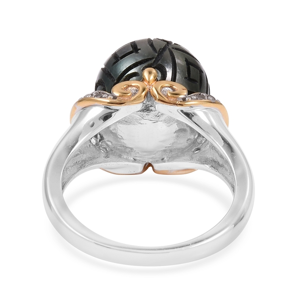 Tahitian Pearl (Rnd), Natural White Cambodian Zircon Ring in Rhodium and Gold Overlay Sterling Silver