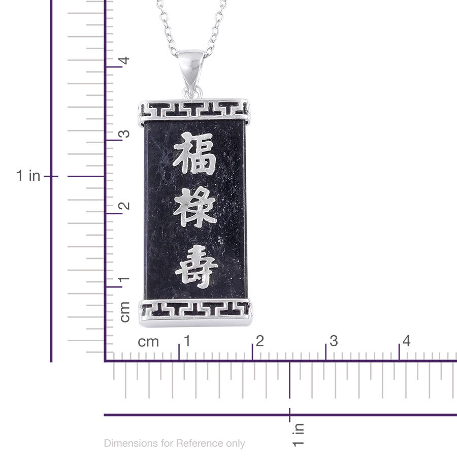 Black Jade Chinese Goodluck Symbol Pendant With Chain in Rhodium Plated Sterling Silver 12.002 Ct.