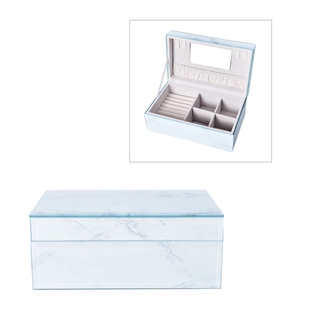 Marble Glass Jewellery Storage Box with Inside Mirror, 7 Ring Rows, 4 Necklace Hook with Pouch and 4 Sections (Size 21x13x8.5 Cm) - White Magnesite