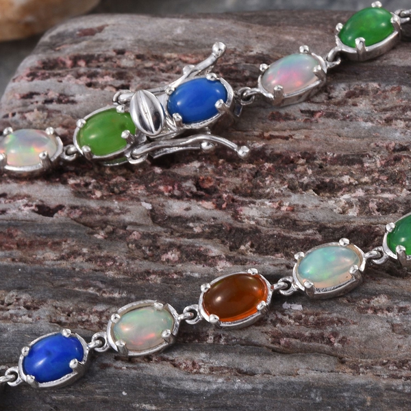 Ethiopian Welo Opal (Ovl), Orange, Green and Blue Ethiopian Opal Bracelet (Size 7.5) in Platinum Overlay Sterling Silver 6.250 Ct.